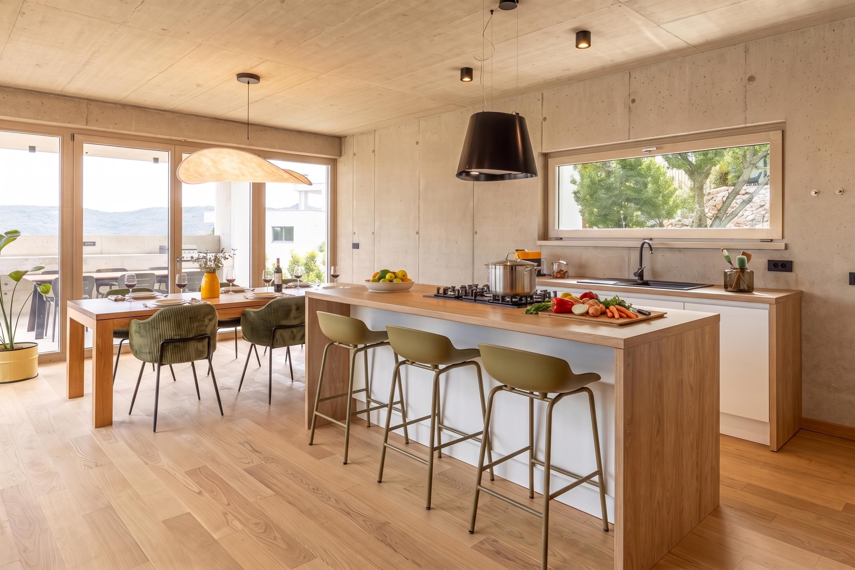 Una cocina moderna con una isla central, taburetes de bar y un amplio ventanal con vistas panorámicas.