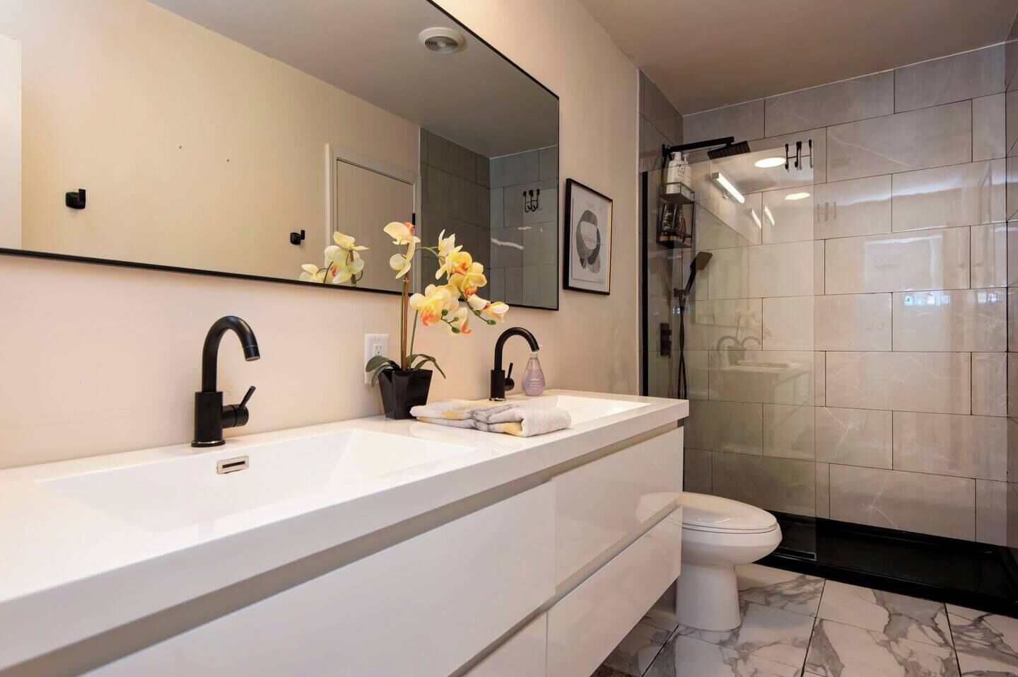 A modern bathroom with a double sink vanity, a shower, and a toilet.