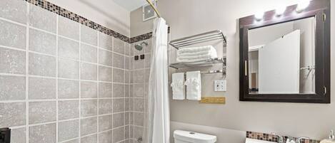 A bathroom with a shower, toilet, sink, and a mirror.