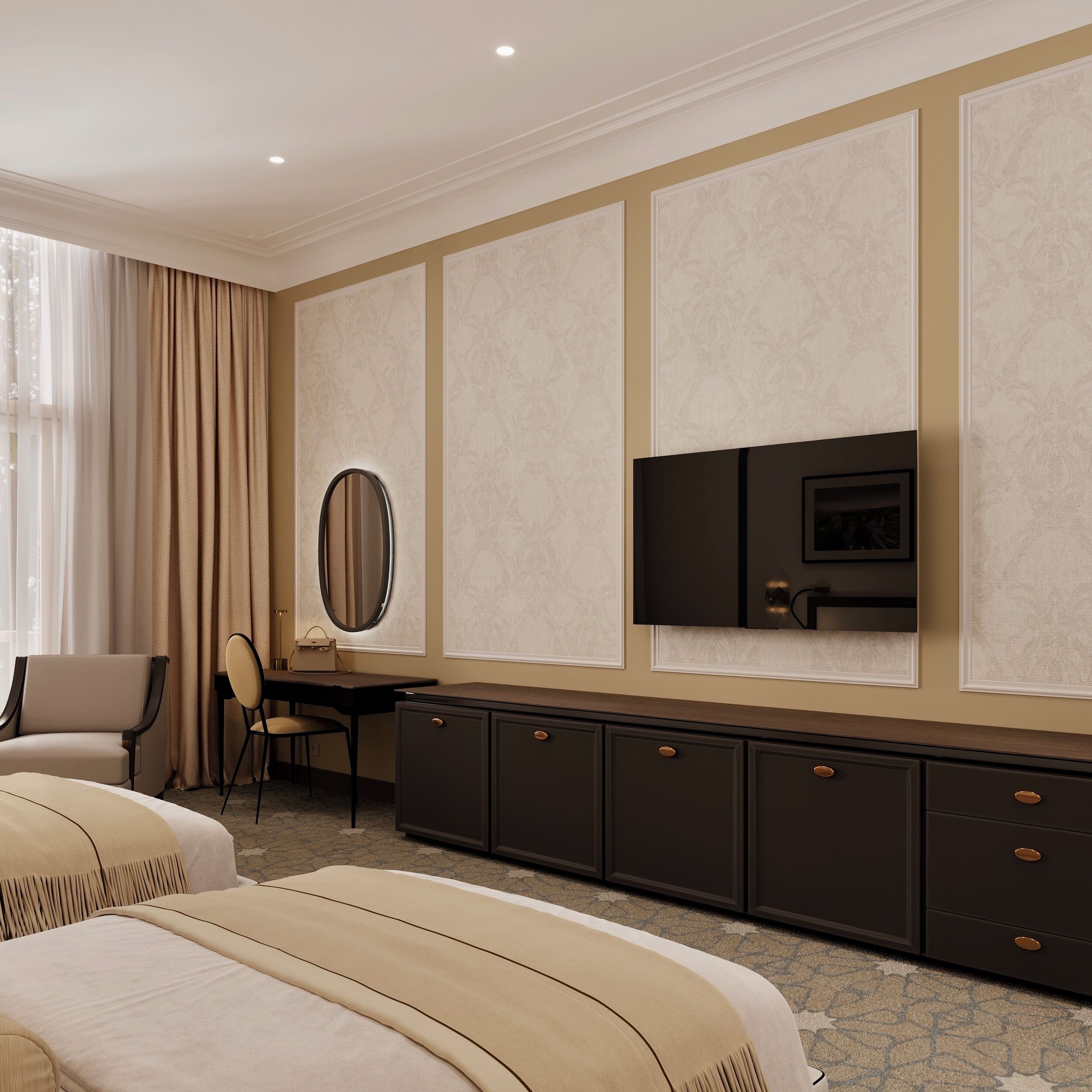 A hotel room with two beds, a desk with a chair, a television, and a large mirror.