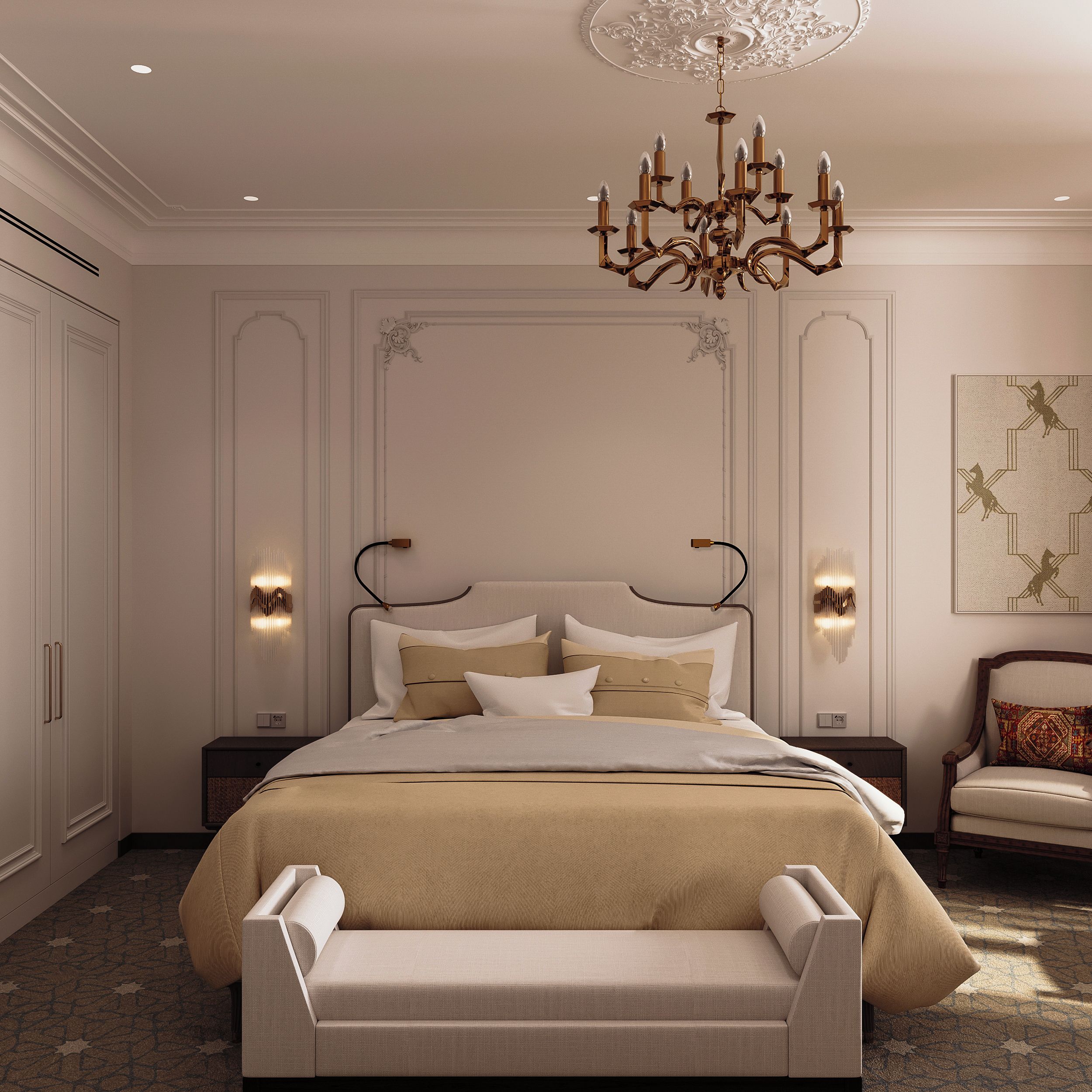 A bedroom with a large bed, a bench, a chandelier, and a wall-mounted light fixture.