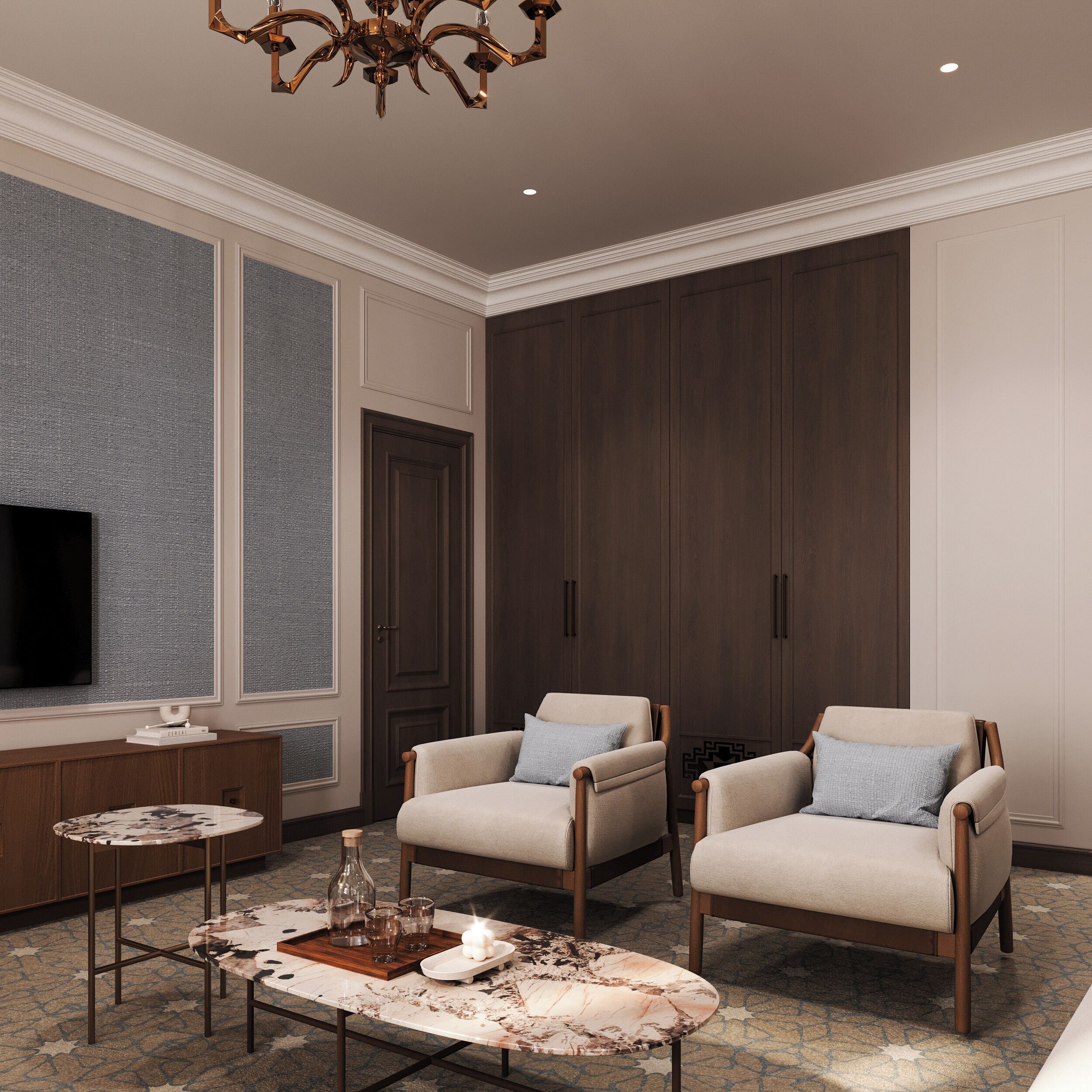 Een moderne woonkamer met een flatscreen televisie, twee fauteuils, een salontafel en een grote kledingkast.