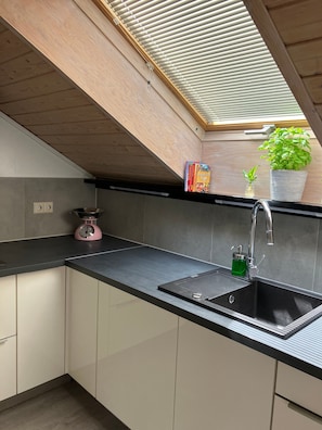 Coffee/tea maker, fridge, oven, stovetop - Apartment 'Daniel's Fewo' with Shared Garden, Balcony and Wi-Fi (Gruibingen)