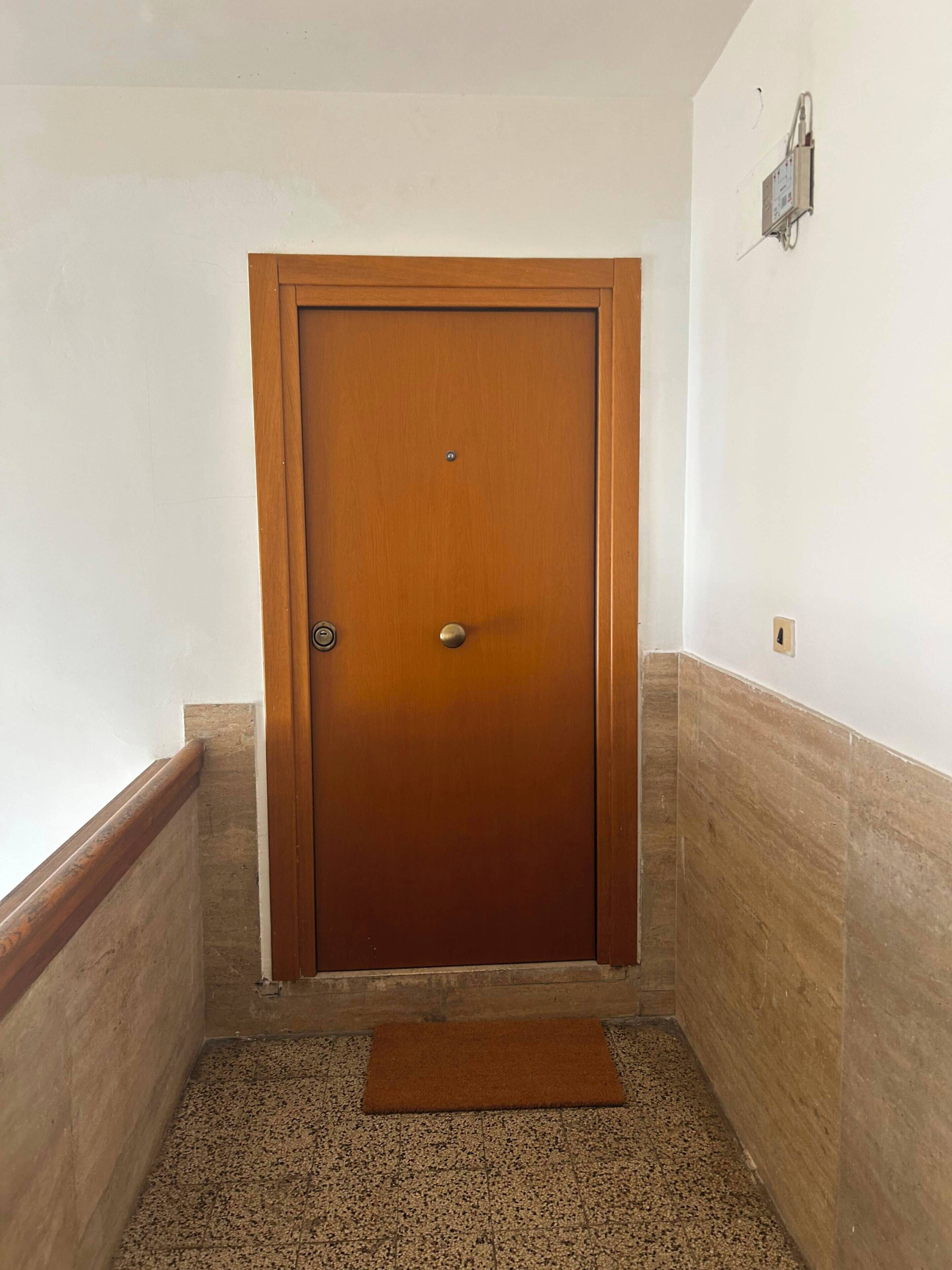 A wooden door with a doorknob and a small mat at the base.