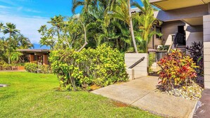 Una propiedad residencial con un césped cuidado, un espacio cubierto para sentarse al aire libre y una variedad de plantas tropicales.