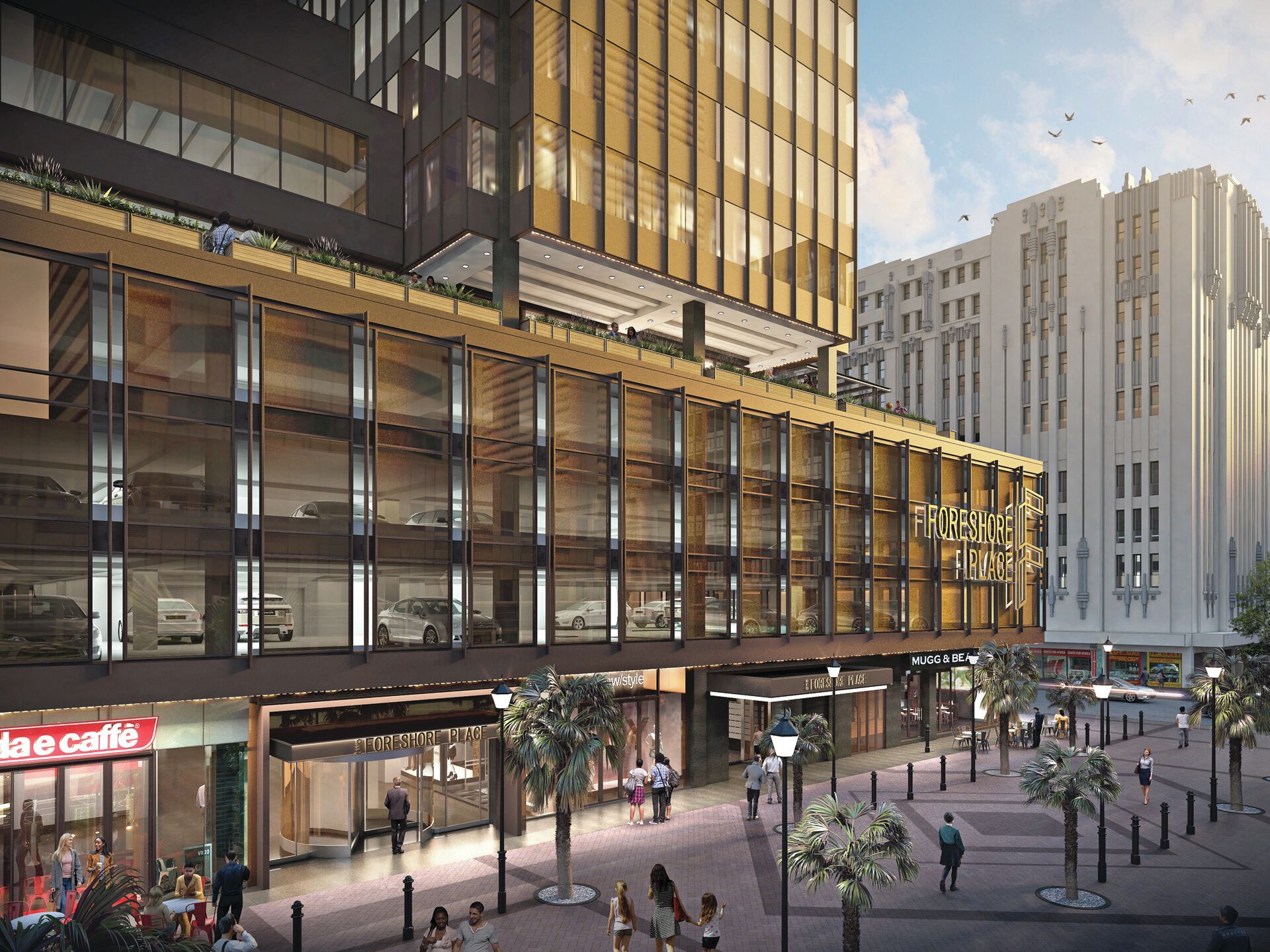 A modern building with large windows, a ground-level cafe, and a plaza with palm trees.
