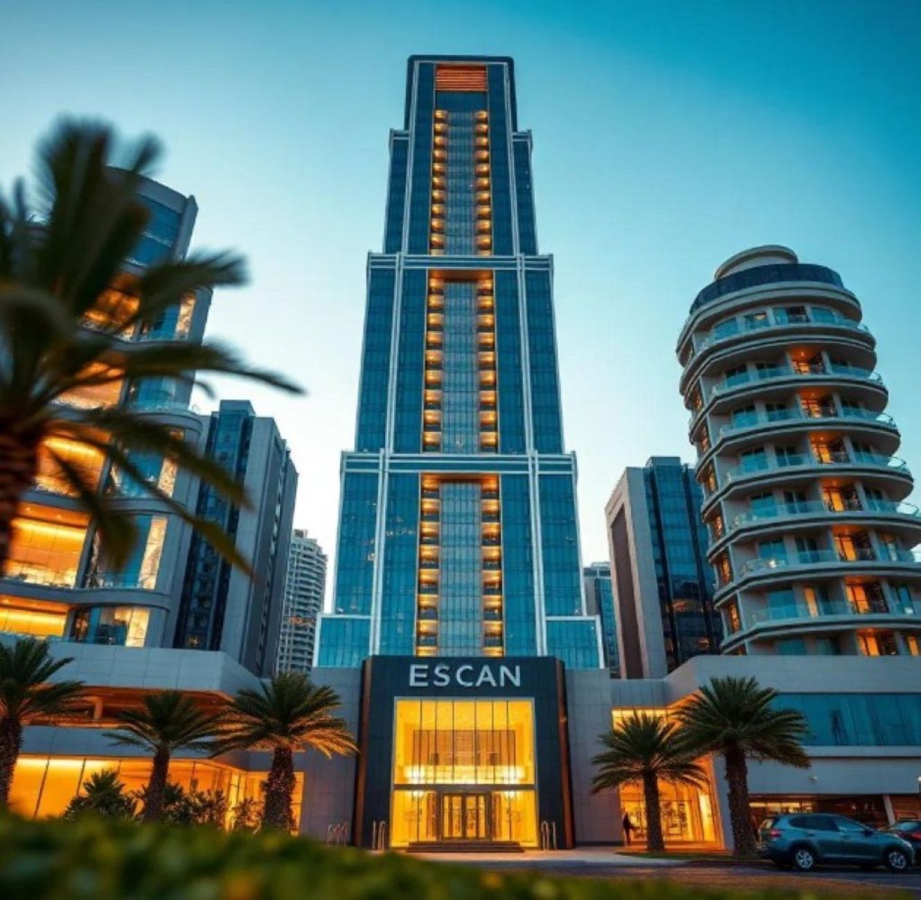 A high-rise building with a prominent central tower and a curved building to the right.