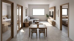 A modern interior with a dining area, sofa, and a large window providing natural light. - Room-exclusive Holiday House in Thon Bur (Bangkok)