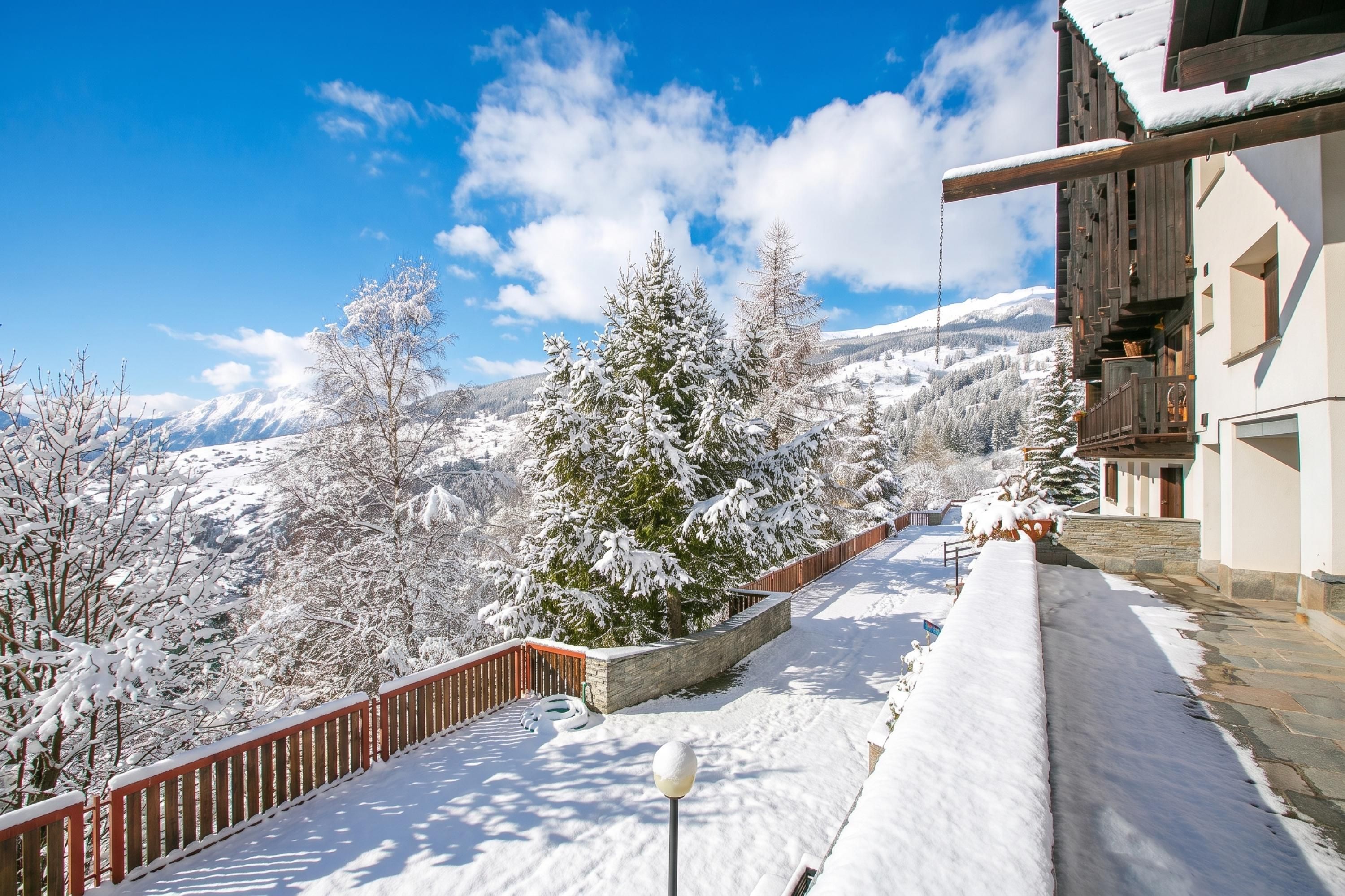 Un paisaje nevado con un edificio de madera y un árbol cubierto de nieve al frente.