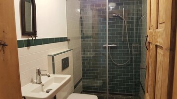 Un baño con ducha, lavabo y espejo.