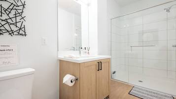 Hair dryer, towels, soap, shampoo