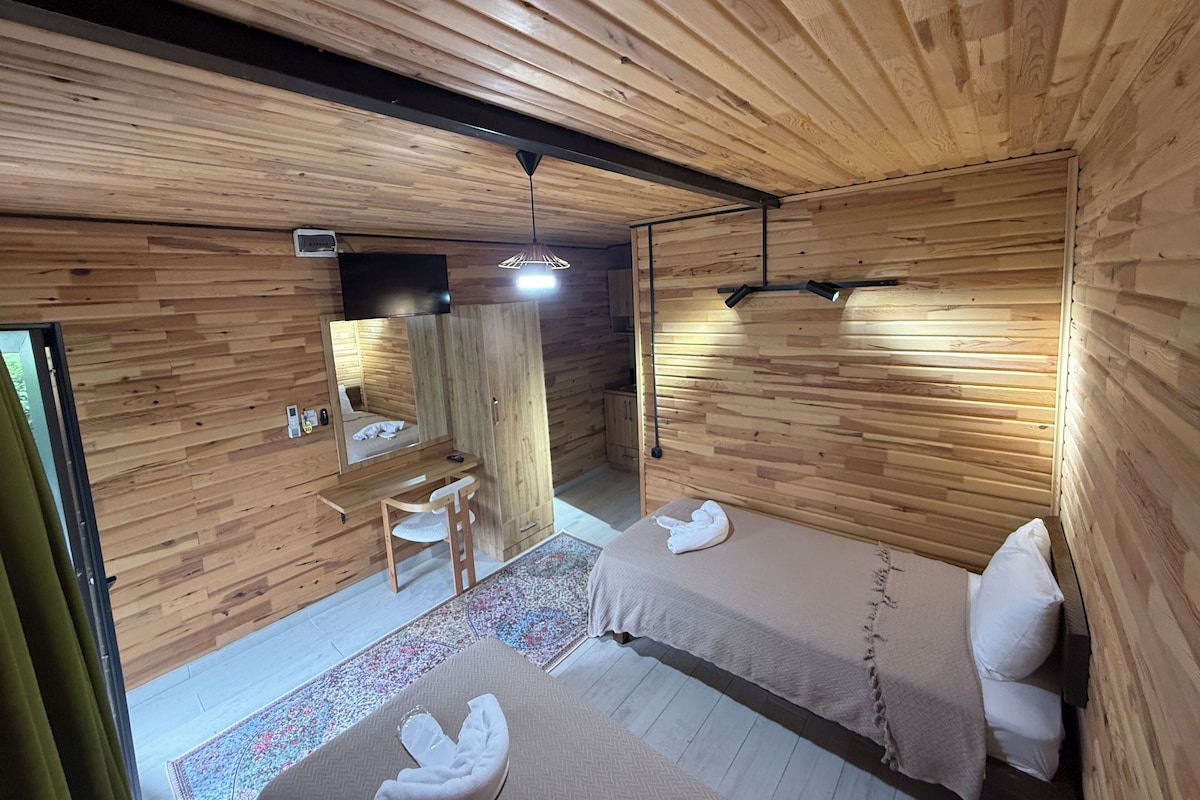 Un interior de madera con dos camas, un escritorio pequeño y un espejo.