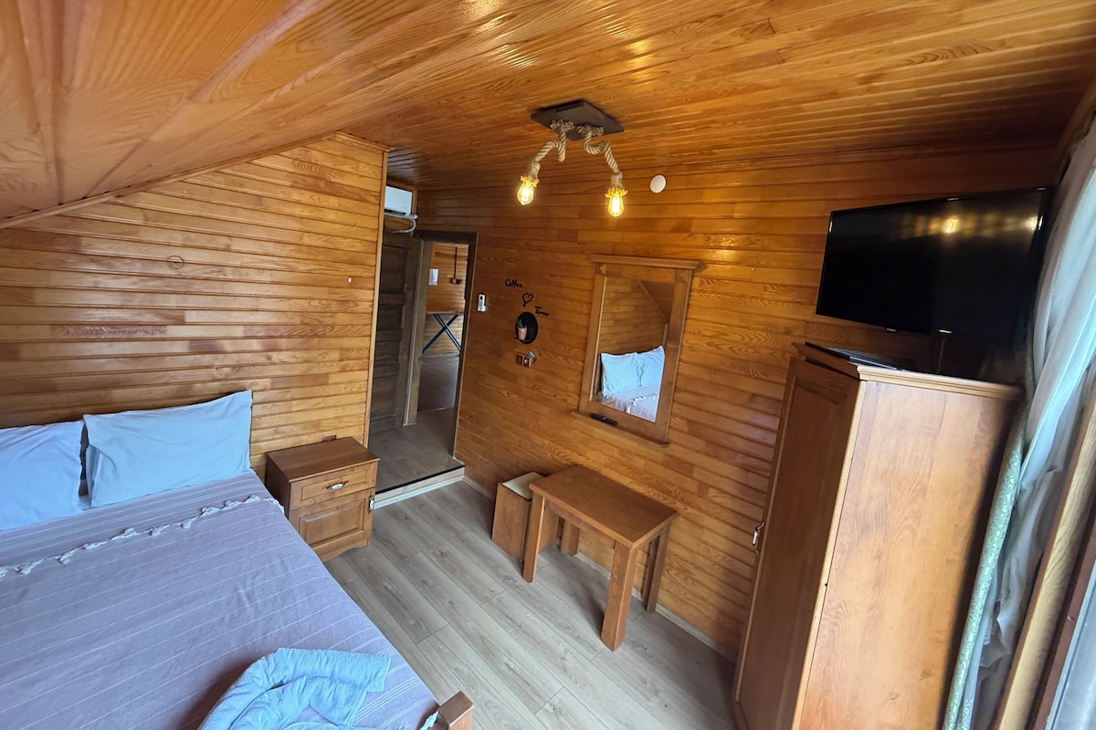 Una habitación de cabaña de madera con una cama, un escritorio, un espejo y un televisor.