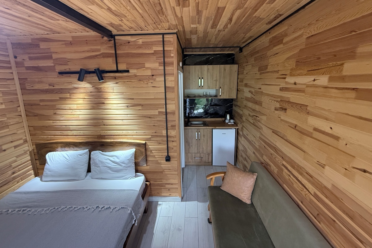 Una habitación pequeña con cama, sofá, kitchenette y paredes de madera.