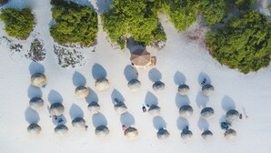 En vy över en strand tagen från luften, med flera stora parasoller och solstolar uppställda i rader.