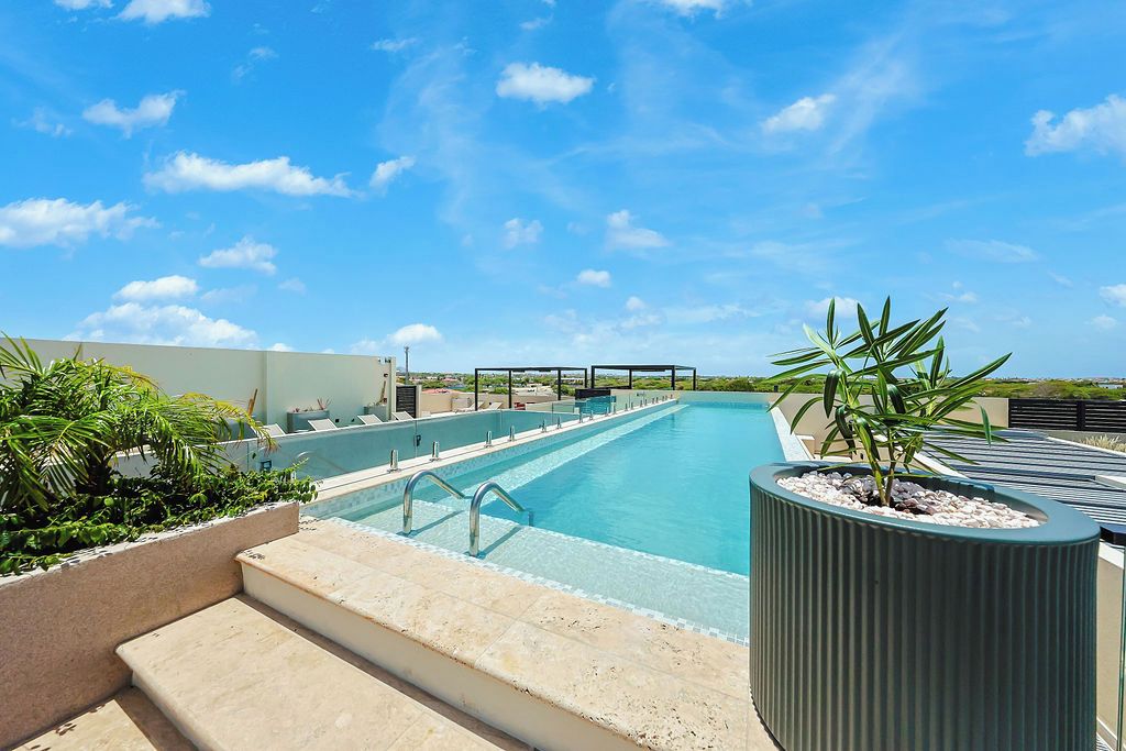 A rooftop swimming pool with clear blue water, surrounded by steps and potted plants.