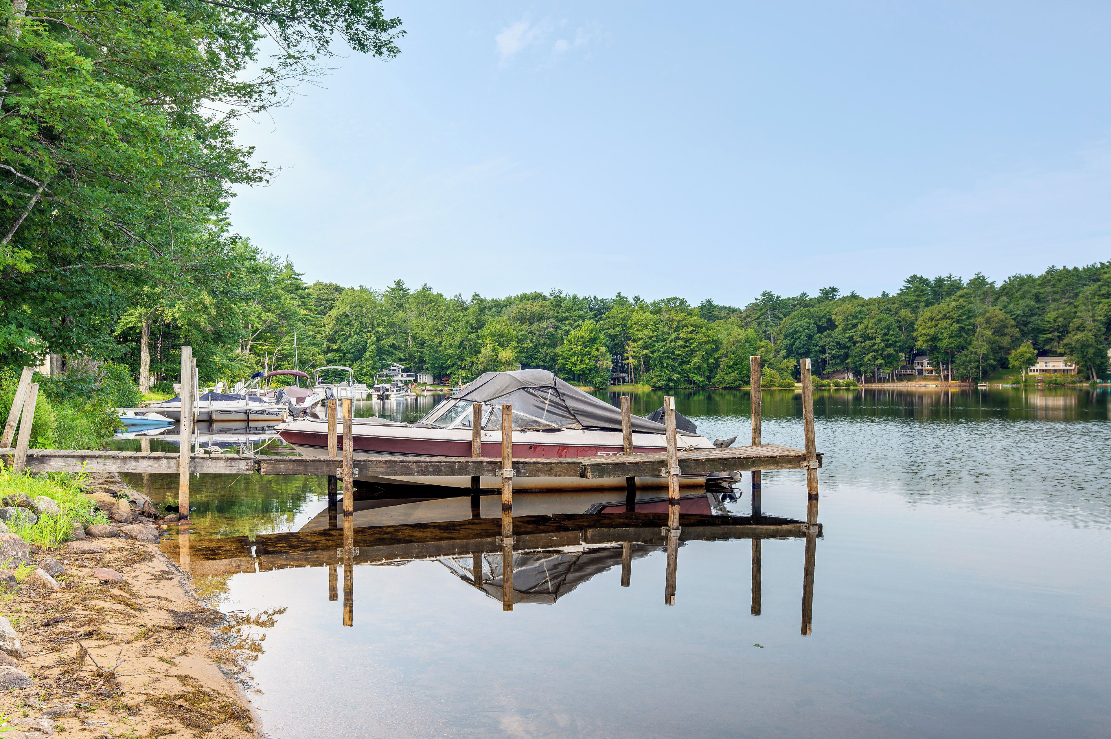A calm lake with a dock and boats, surrounded by dense greenery and a clear sky.
