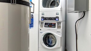 A stacked washer and dryer unit with control panels and a water dispenser. - King Bed Studio, Free Shuttle to Slopes & Main Street - Moose Mgmt 425 (Park City)