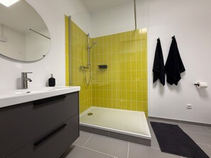 Dusche, Haartrockner, Handtücher, Seife