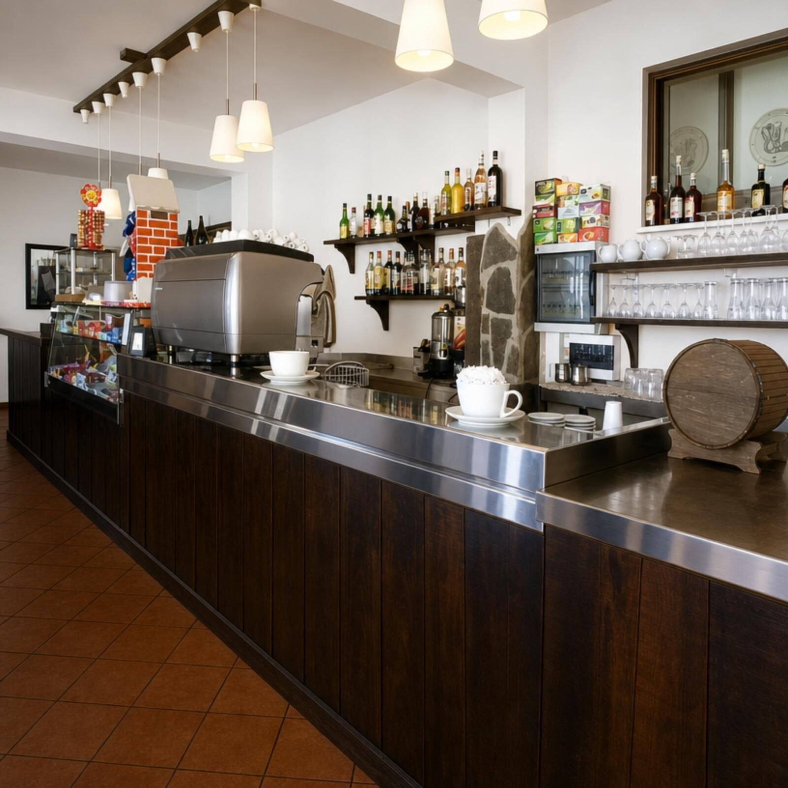 Angolo bar con macchina da caffè, scaffali con bottiglie e una grande botte di legno.