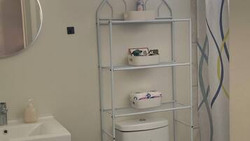 Shower, hair dryer, towels, toilet paper