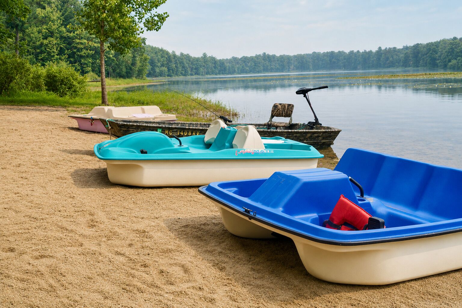 Three boats on a sandy shore by a calm lake with a forest in the background.