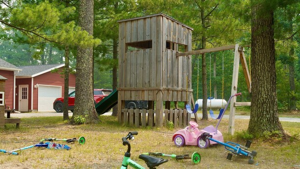 Ein Spielhaus aus Holz mit Schaukel, einem rosa Spielzeugauto und einem grünen Dreirad auf einer grünen Wiese mit Bäumen.