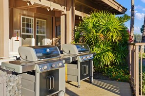 Ein Grillplatz im Freien mit Gasgrill und Springbrunnen.