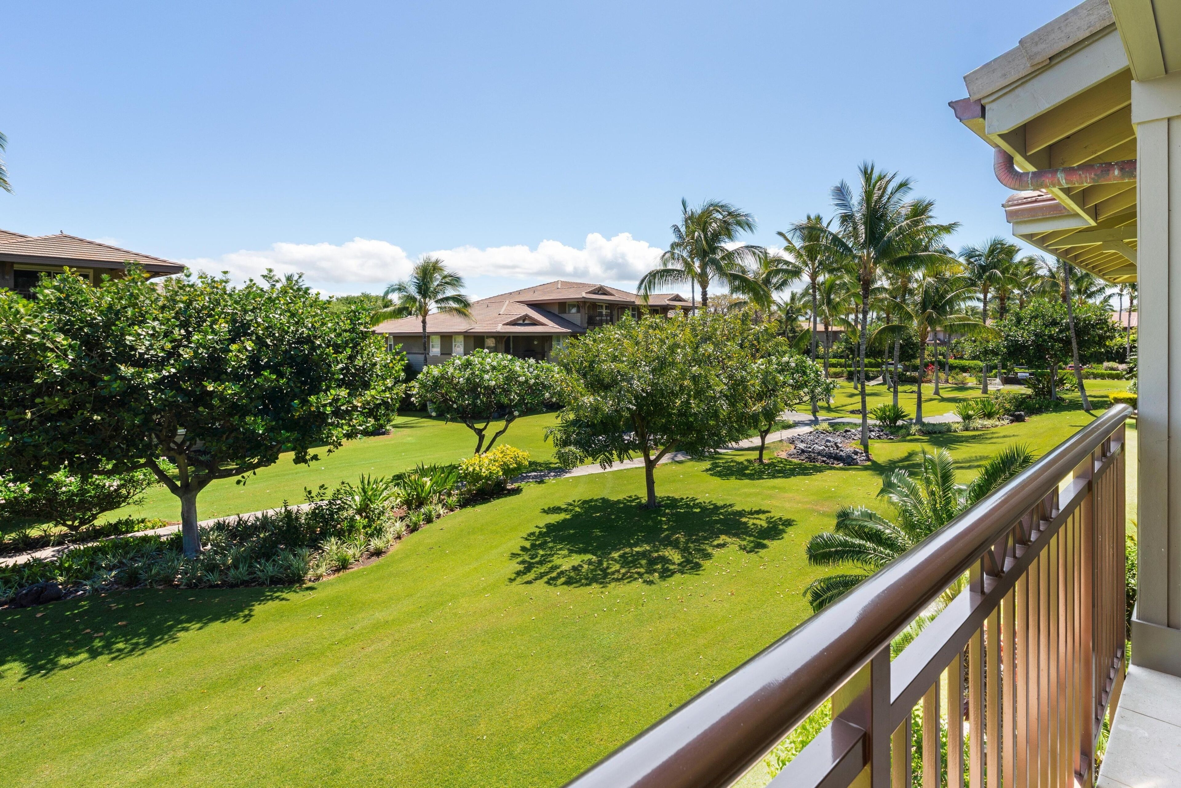 A residential area with multiple houses, well-maintained lawns, and palm trees.
