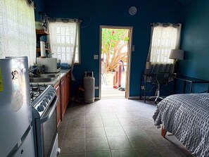 A compact room with a kitchenette, a bed, a desk, and a view of the outdoors.