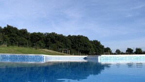 Une piscine à l’eau d’un bleu cristallin, entourée d’une pelouse et d’arbres.