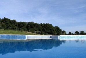 Ein Schwimmbecken mit klarem, blauem Wasser, umgeben von einer Rasenfläche und Bäumen.