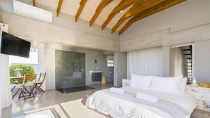 A modern bedroom with a large bed, a glass-enclosed shower, and a TV mounted on the wall.