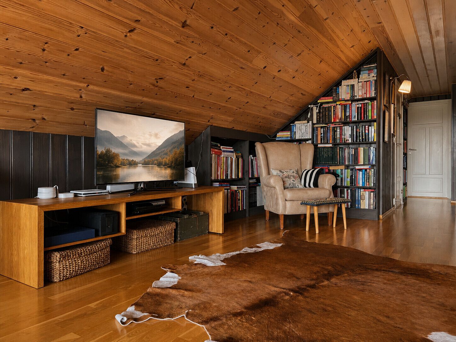 Uma sala de estar acolhedora com teto de madeira, uma grande TV de tela plana, uma poltrona de couro, uma estante de livros e um tapete de couro de vaca.