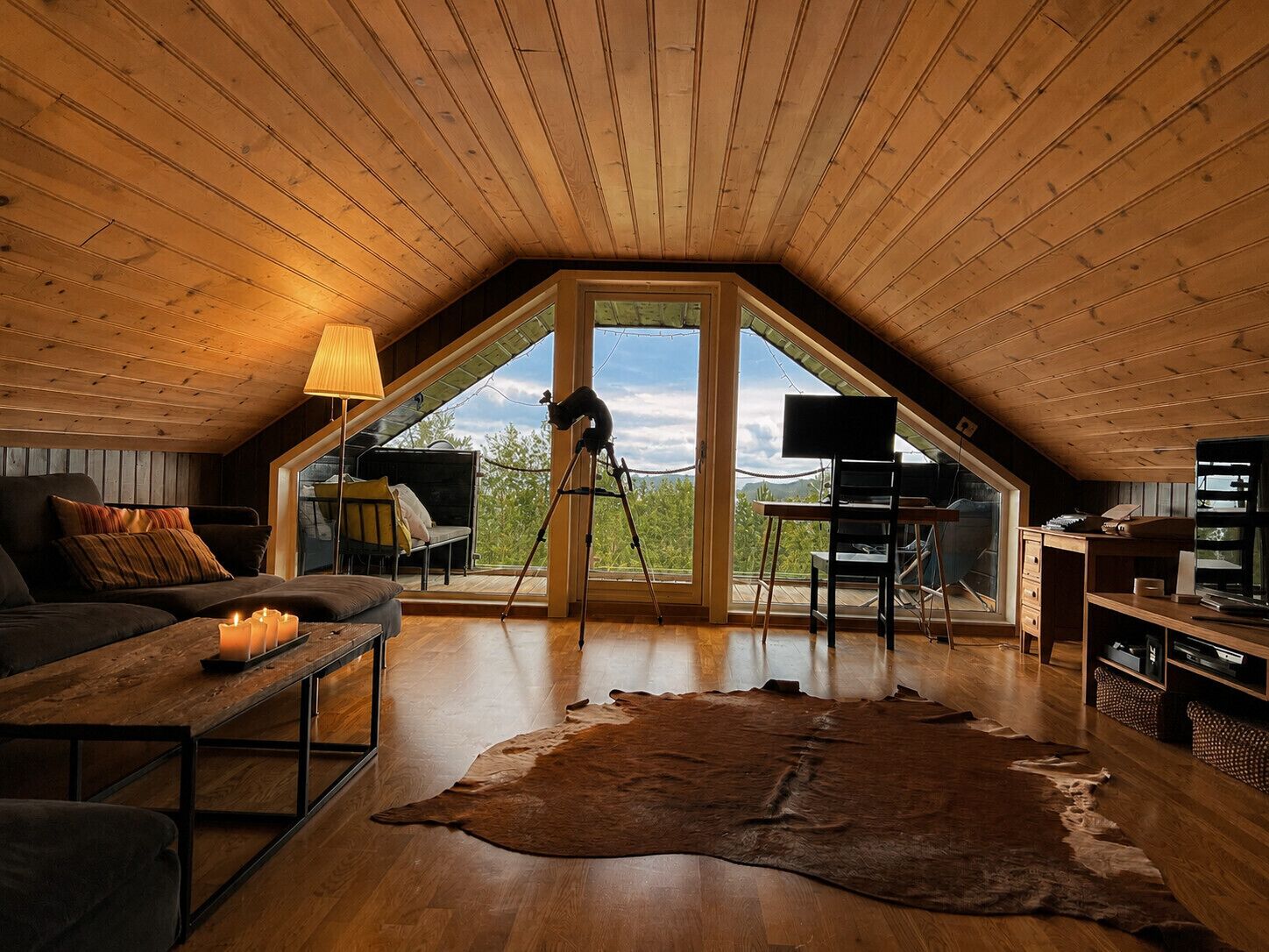 A cozy attic room with a sloped ceiling, a large window, a leather rug, a desk with a chair, and a sofa.