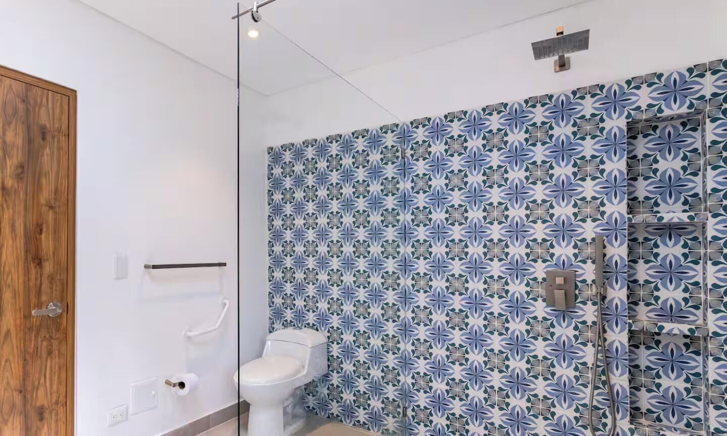 A bathroom with a white toilet, a wooden door, and a wall with a blue and white tile pattern.