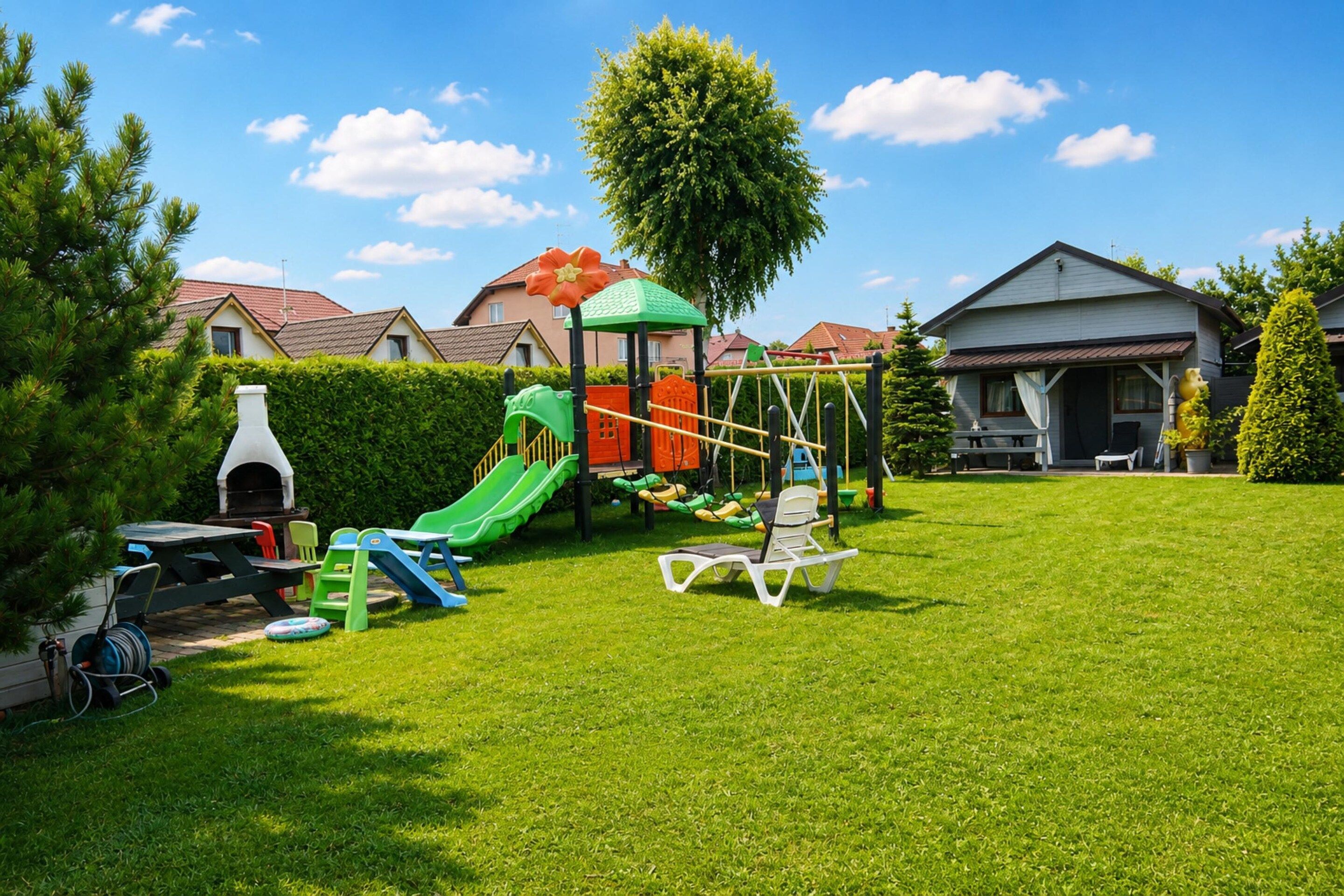A well-maintained backyard with a play area, including a slide and swings, a barbecue grill, and a lawn chair.