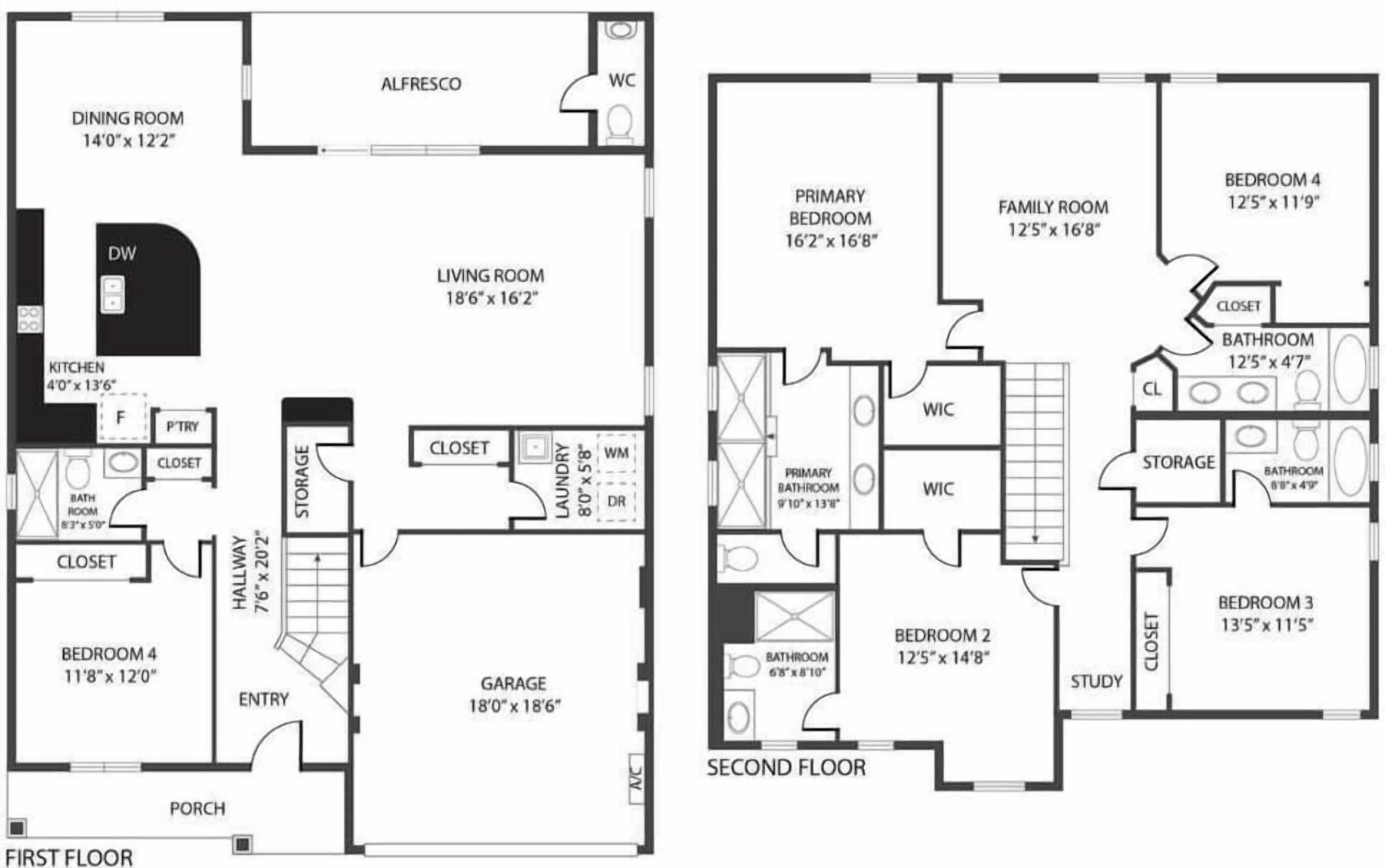 Disposizione di una casa a due piani con sala da pranzo, cucina, soggiorno, due camere da letto, un bagno, un garage e un portico.