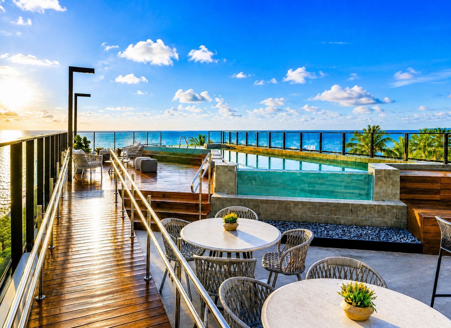 A rooftop bar with a pool, outdoor seating, and a view of the ocean.