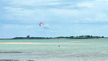 Une plage avec une personne sur une planche de surf et un cerf-volant dans le ciel.