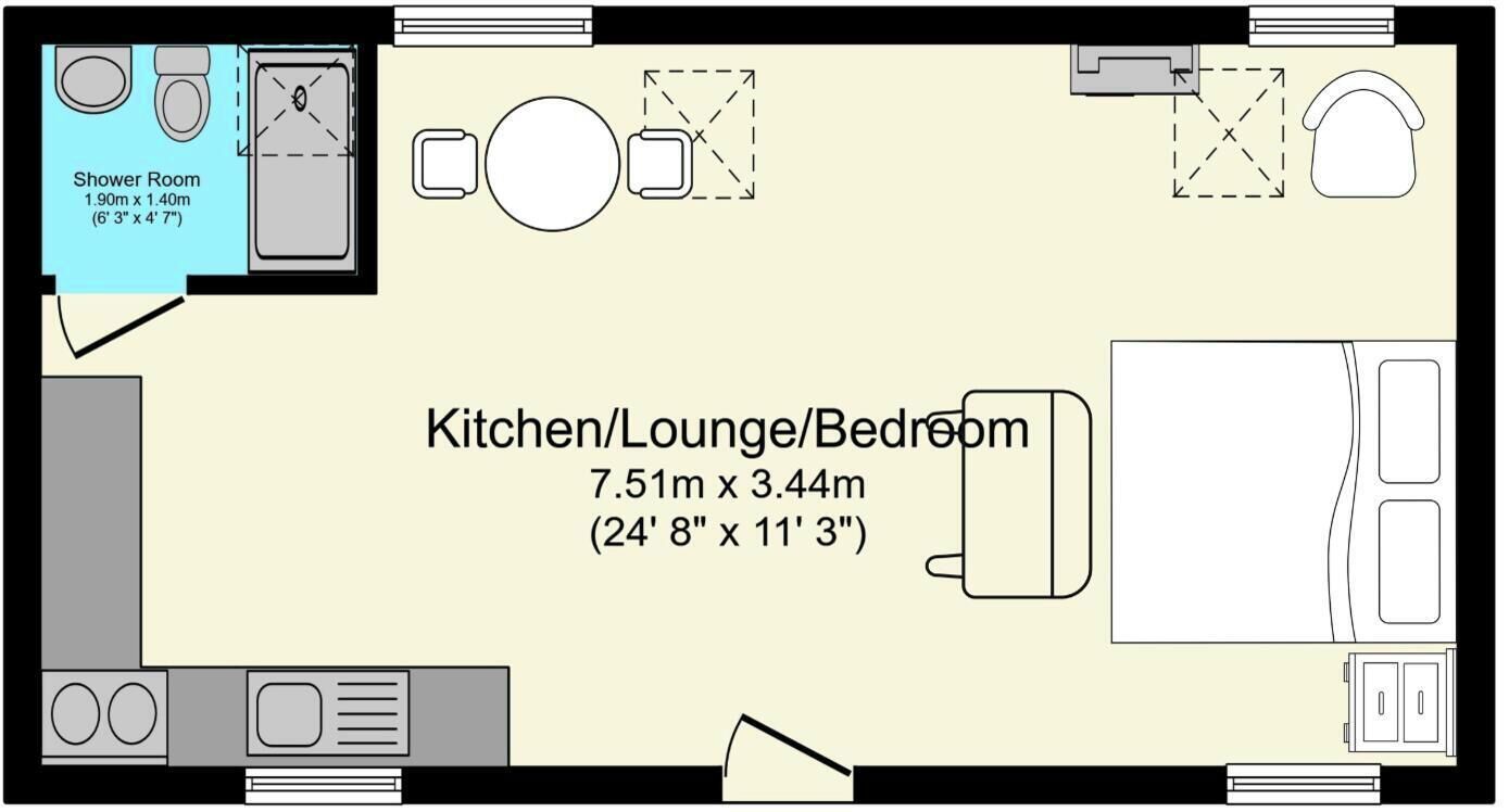 Ein Grundriss eines Hotelzimmers mit Dusche, Küche, Wohnbereich und Schlafzimmer.
