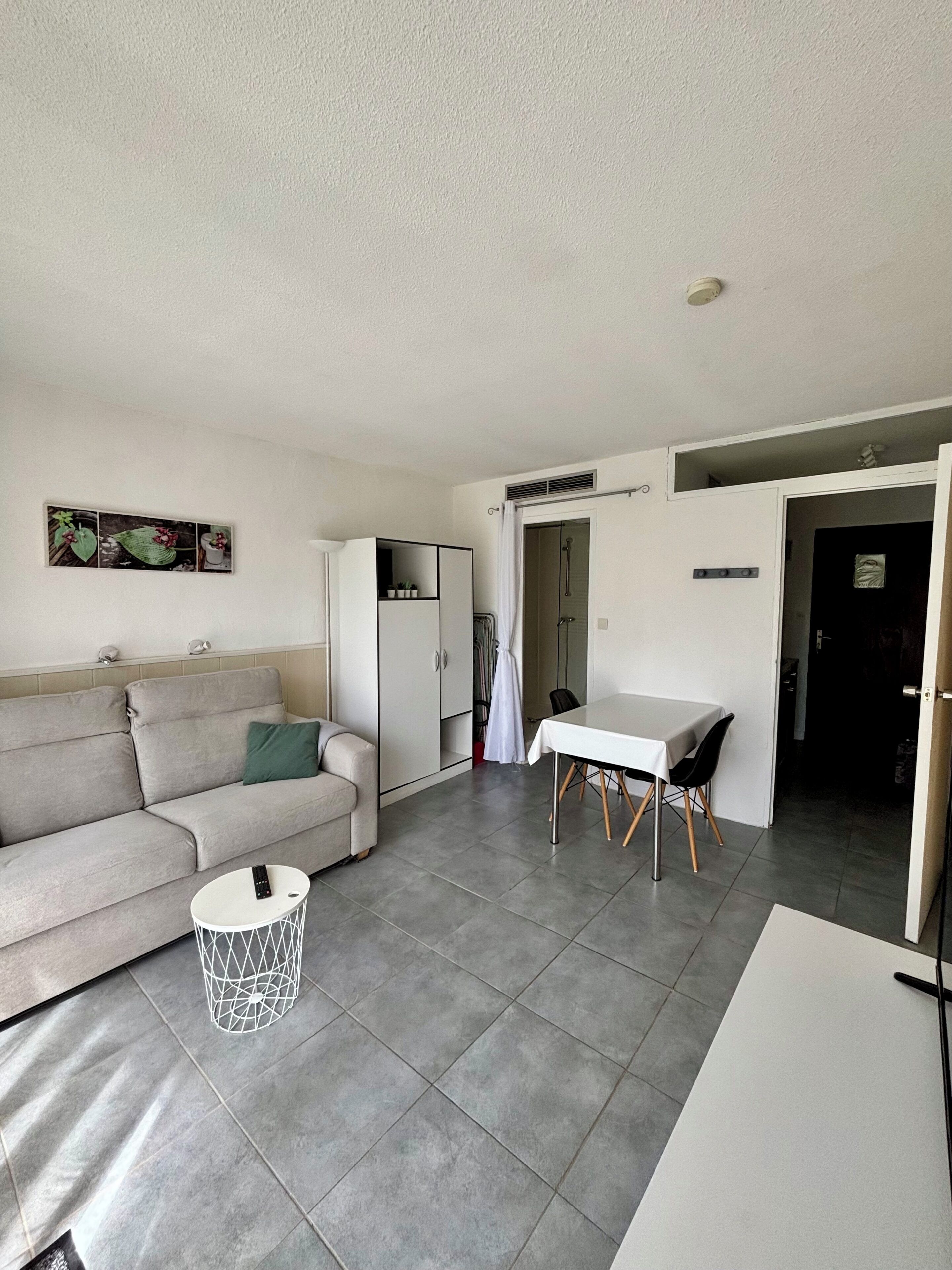 A modern living room with a sofa, a dining table, and a small side table.