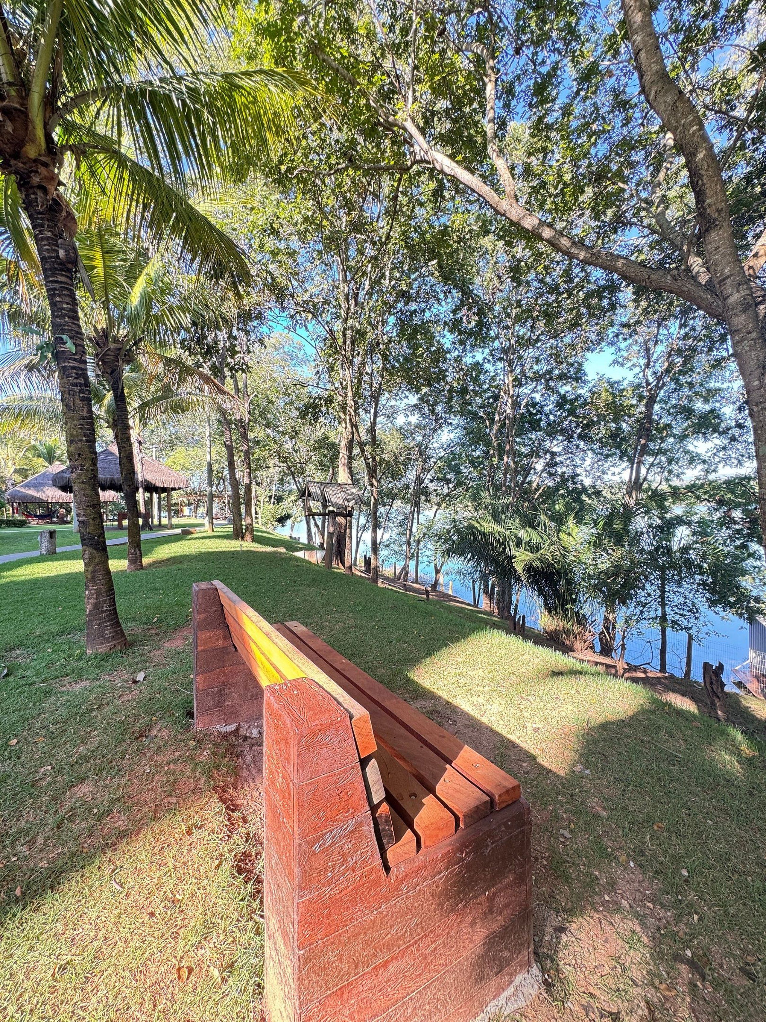A park with a wooden bench, trees, and a body of water.