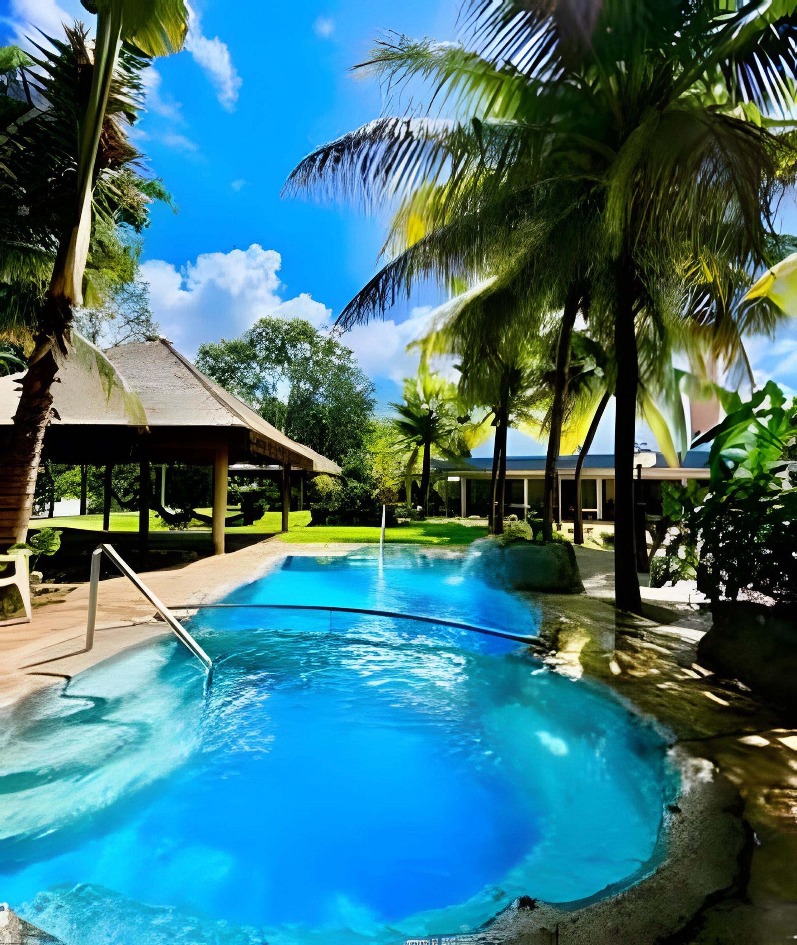 A swimming pool with a clear blue water, surrounded by palm trees and a covered area.