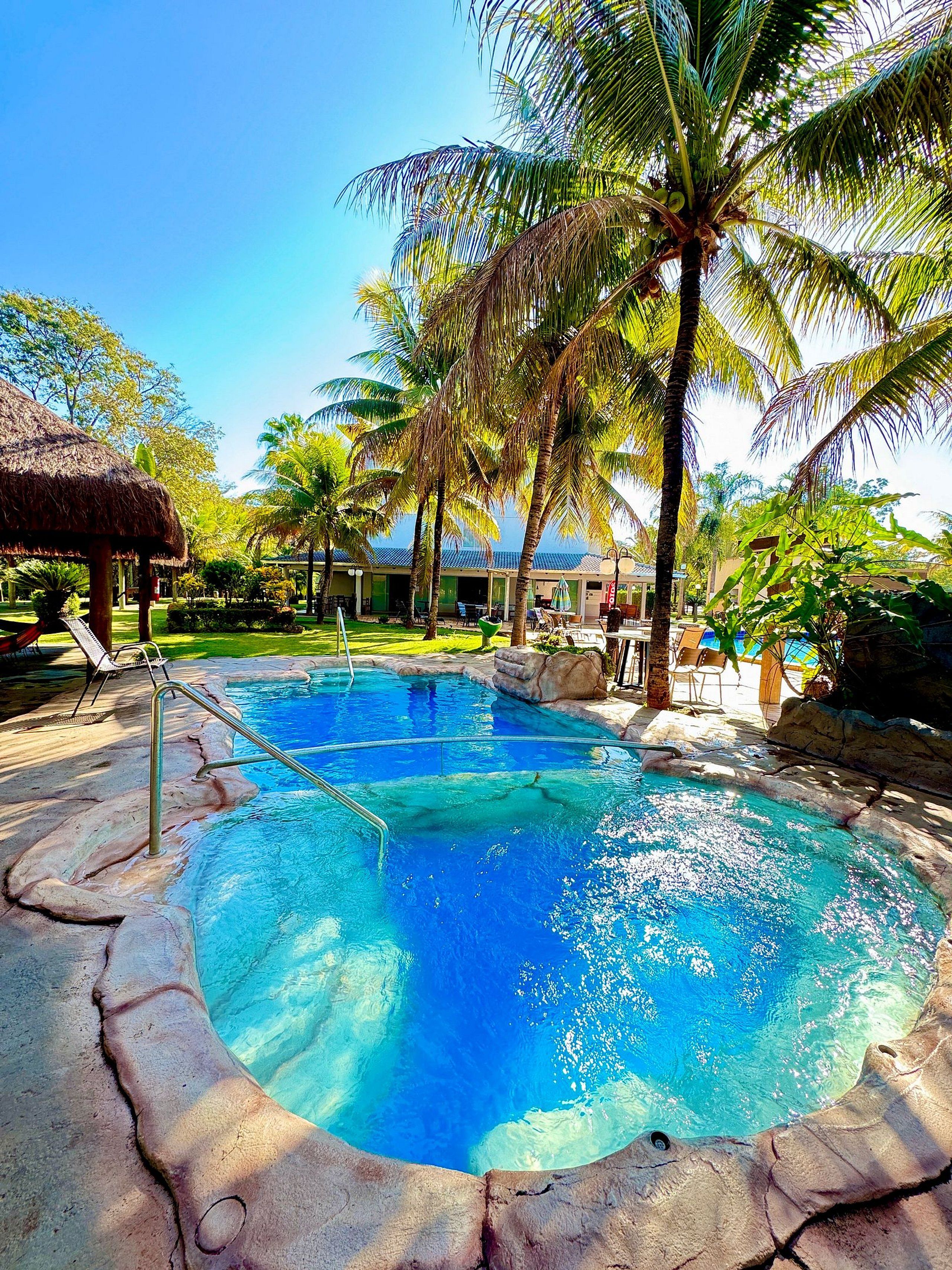 Una piscina con borde de piedra, rodeada de palmeras y una estructura de techo de paja.