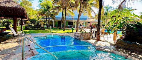 A swimming pool with a stone edge, surrounded by palm trees and a thatched roof structure.