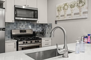 Eine moderne Küche mit Edelstahlgeräten, einer schwarz-weiß karierten Spritzschutzleiste und einem Spülbecken mit einem zeitgemäßen Wasserhahn.