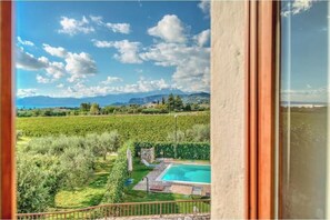 A view from a balcony overlooking a vineyard with a swimming pool.
