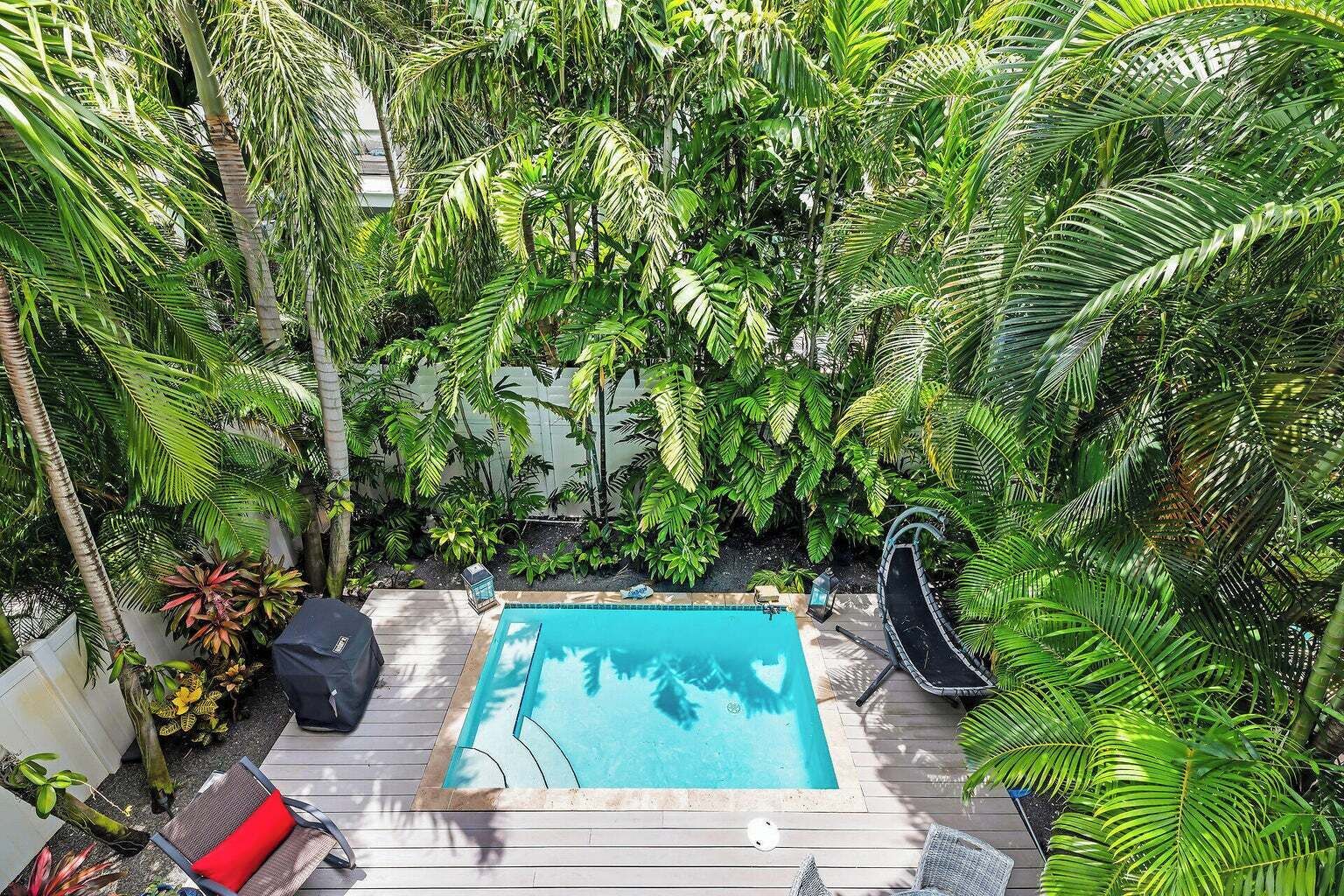A rectangular swimming pool surrounded by lush tropical foliage, with a wooden deck and two lounge chairs.