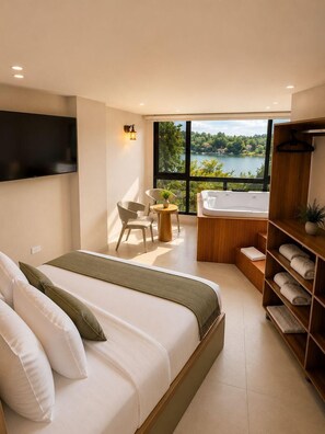 A modern bedroom with a large bed, a seating area with a table, a bathtub, and a view of a lake.